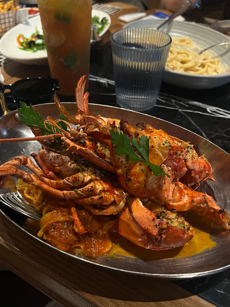Lobster and pasta served at a restaurant