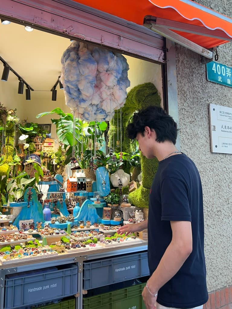 Browsing a colorful shop window filled with plants and small objects